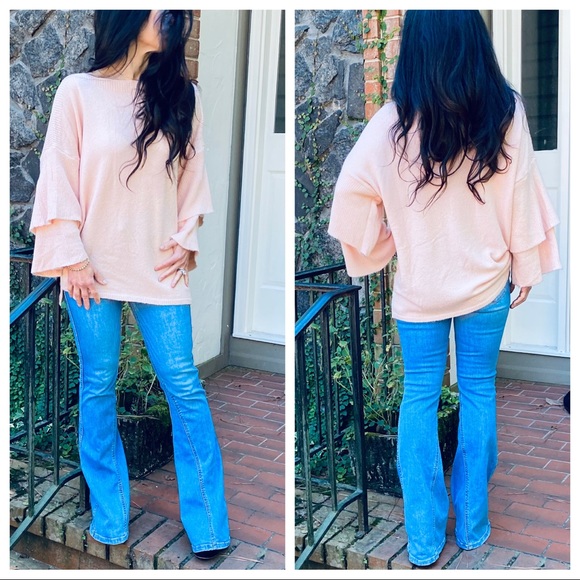 BOHO CHIC LAYERED SLEEVES PINK LOOSE FIT SWEATER - Picture 2 of 4